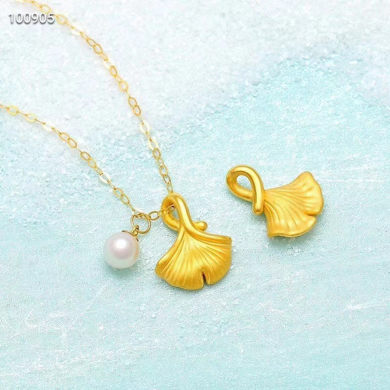 3D硬金银杏叶珍珠吊坠18k锁骨项链 网络直播爆款珠宝门店引流礼品|ms