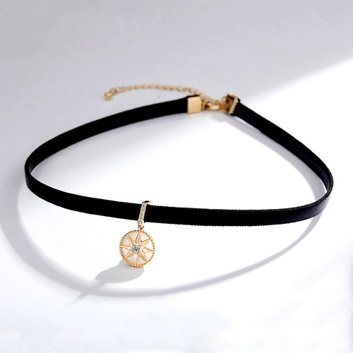 Korean choker compass necklace women's leather rope clavicle chain short neck jewelry neck strap black choker necklace