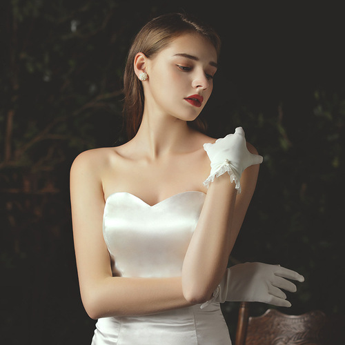 New bridal wedding dress gloves short tulle pearl white gloves