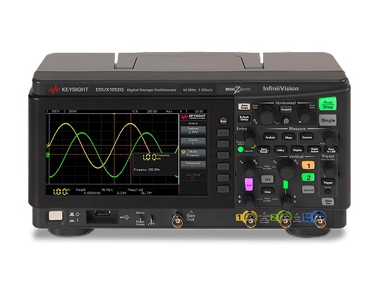 EDUX1052G 示波器：50 MHz 带宽，2 个模拟通道，内置波形发生器