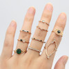 Fashionable metal ethnic set emerald, ring, European style, suitable for import, new collection, with gem, ethnic style, 9 pieces