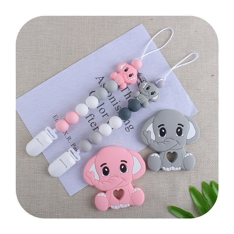 Nuevo clip de pico de pato de plástico elefante mordedor de silicona bebé elefante de silicona Cadena de chupete de juguete molar cadena anti-caída