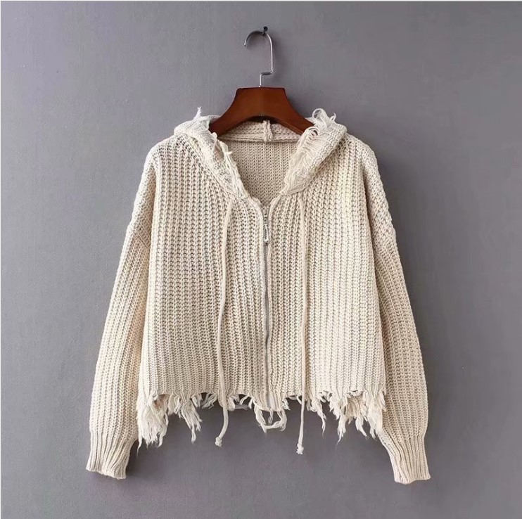 Chaqueta de Punto con Capucha y Borlas para Mujer, Estilo Europeo y Americano, Comercio Exterior Transfronterizo de Amazon, Suéter con Cremallera, Chaqueta de Punto, 2025