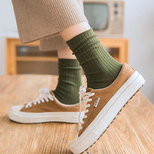 Drawstring Ankle Socks for Women - Japanese Style Pile Socks, New Fall/Winter Pure Color Cotton Medium Cuff Double Needled Women's Cotton Socks, Factory Wholesale