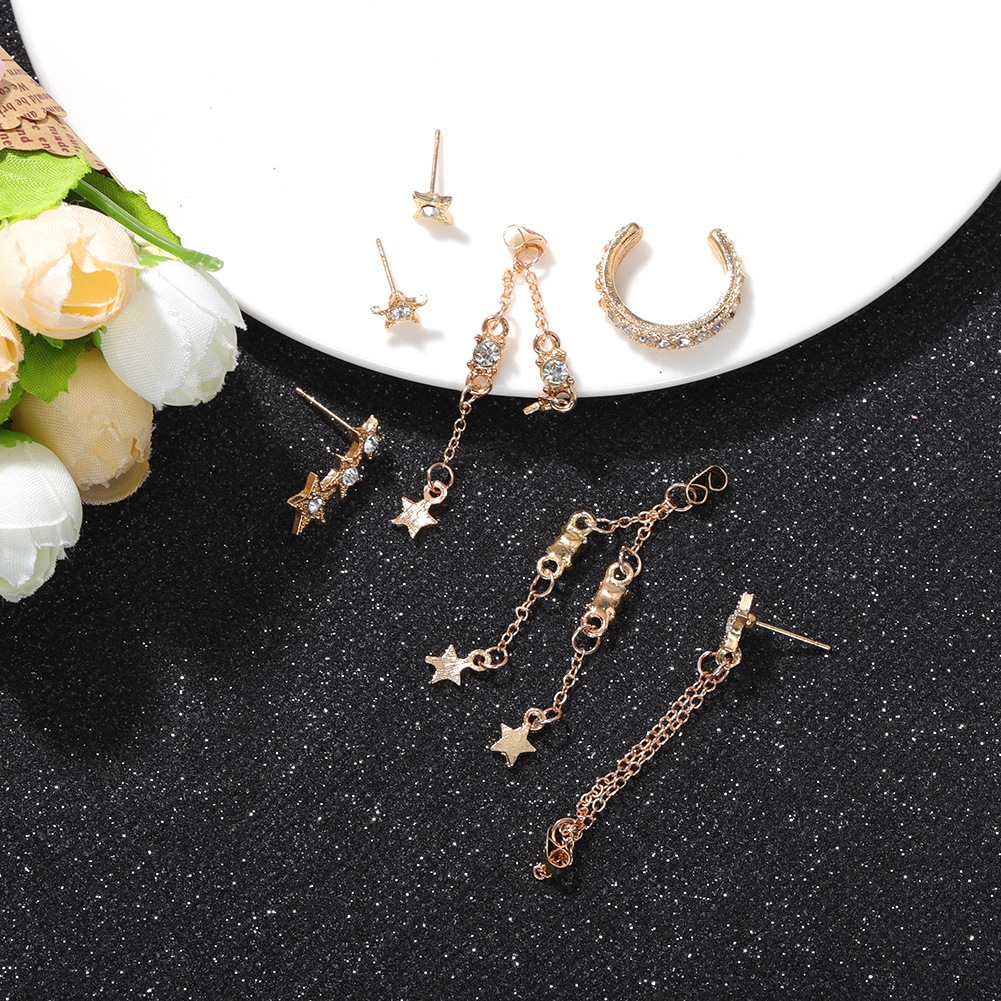 Fashion Five-pointed Star Tassel Diamond Earrings White Diamond Star Earrings Set Wholesale Nihaojewelry display picture 6