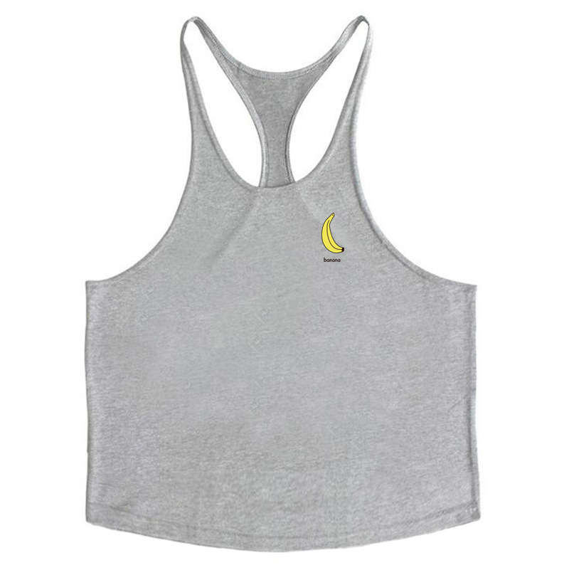 Nuevos hombres sexy de corte bajo correa de hombro delgada fruta impresa Chaleco de algodón plátano fitness chaleco deportivo de verano