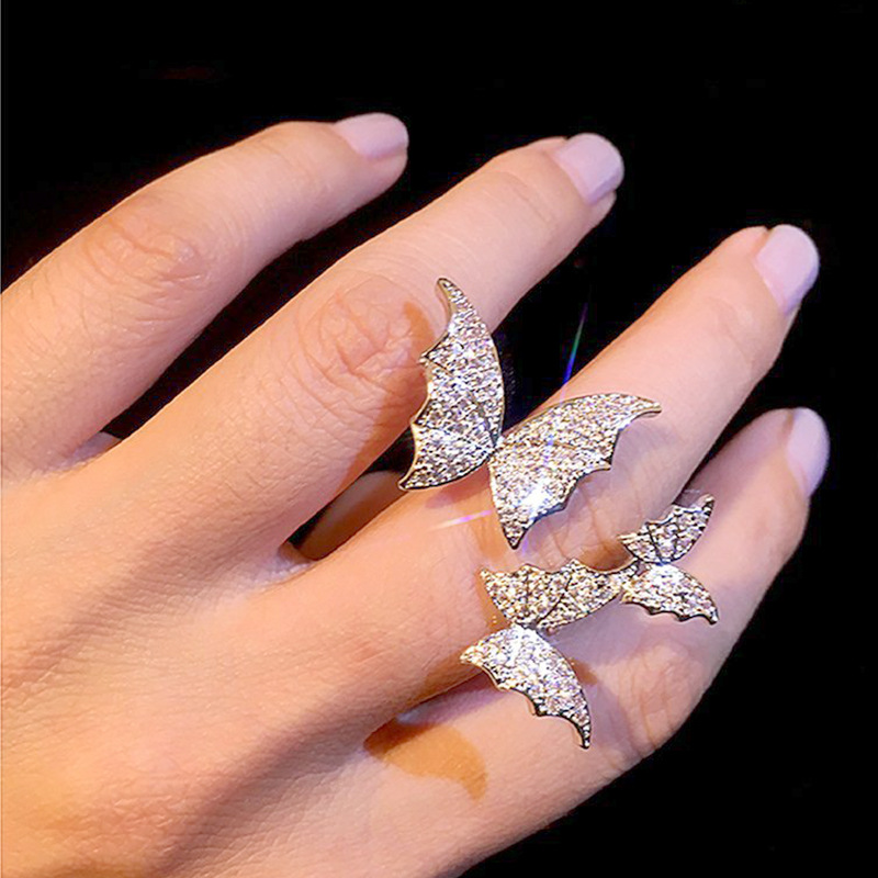 Color Three-dimensional Three Butterfly Rings Flash Diamond Micro-set Zircon Open Index Finger Ring For Women Wholesale display picture 1