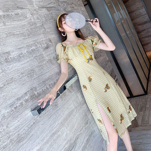 雪纺连衣裙夏2020新款女气质时尚一字肩复古改良旗袍开叉中长裙子