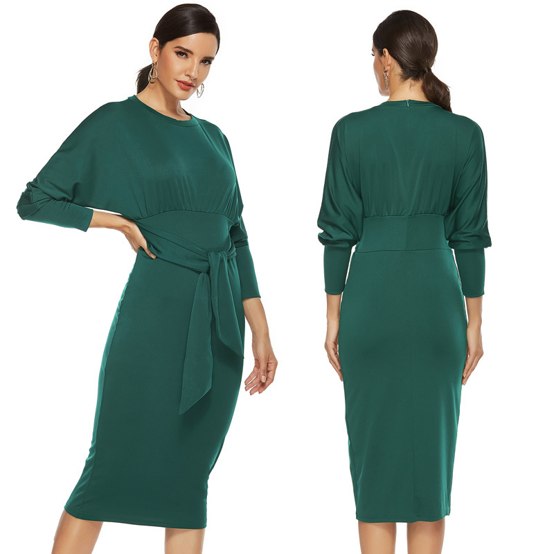 solid color long-sleeved round neck bandage waist knitted dress nihaostyles clothing wholesale NSLM91349