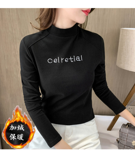 Women's winter half-length crew neck padded base layer t-shirt, versatile long-sleeved T-shirt top for autumn and winter, stylish women's top with thermal lining