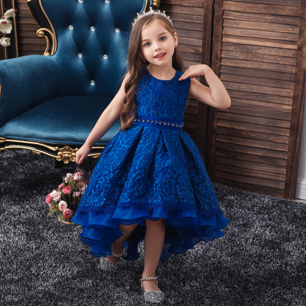 thumbnail image 2 of Vestido de cola para niños, sin mangas, de encaje, de color sólido, para niñas grandes, vestido de princesa para actuación en el escenario, 2 of 6