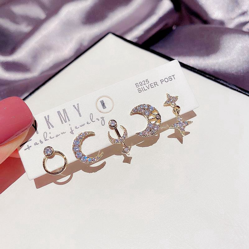 Korean  5 Piece Set Simple  Micro-inlaid Zircon Moon Star Earrings display picture 7