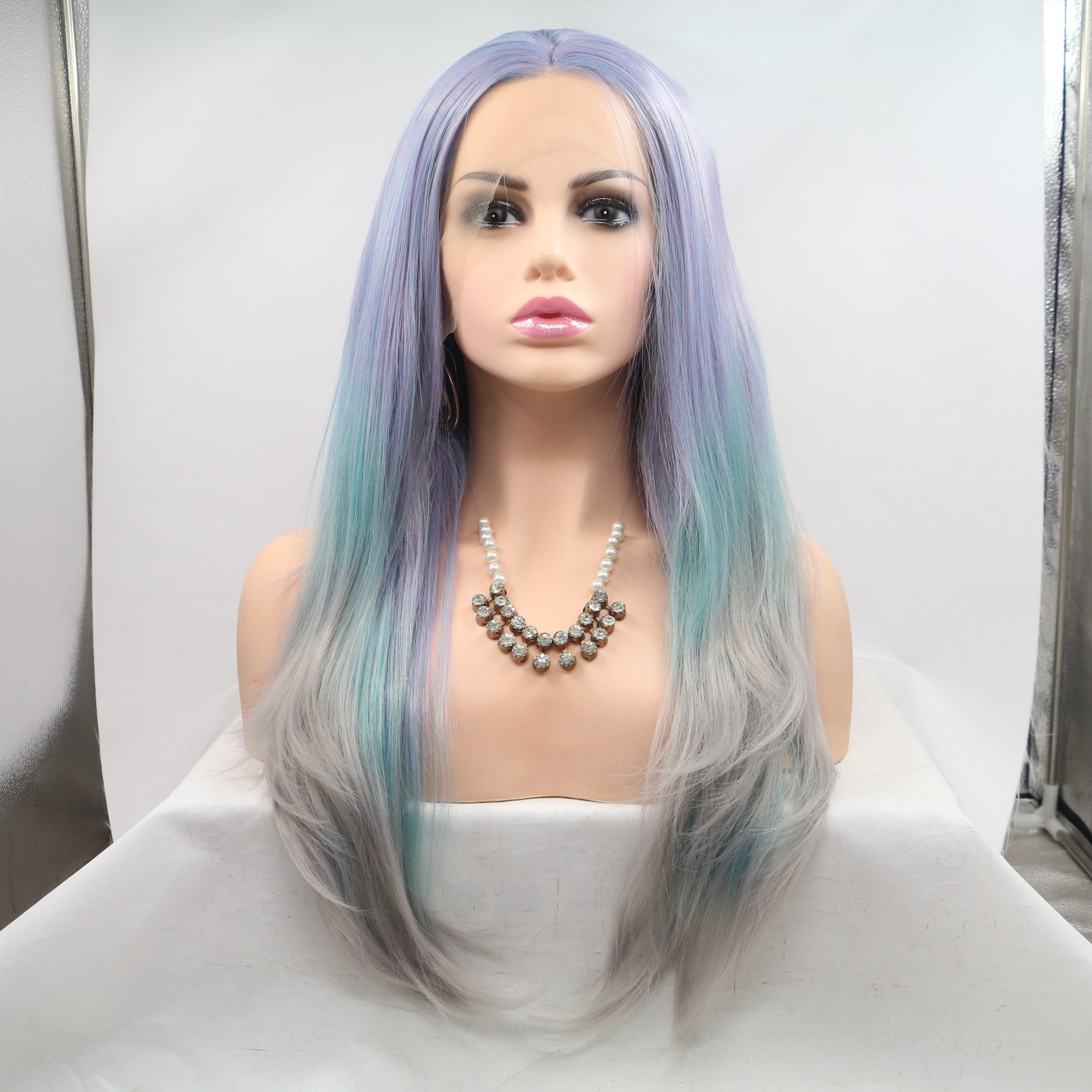 Comercio exterior Moda europea y americana Peluca de fibra química Mujer Púrpura Gradiente Azul Cabello largo Cabello rizado de seda de alta temperatura al por mayor