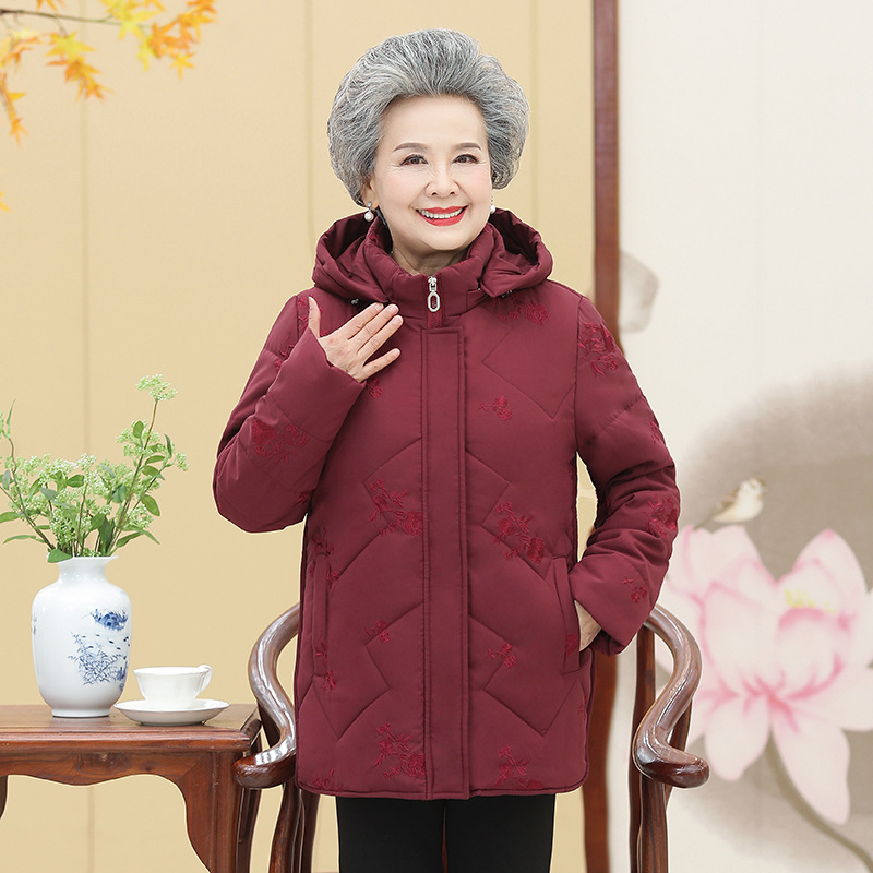 中老年绣花棉衣女老太太棉袄中长款毛领奶奶冬装外套妈妈羽绒棉服