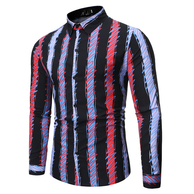 Fashionable casual stripe Lapel men’s long sleeve flower shirt