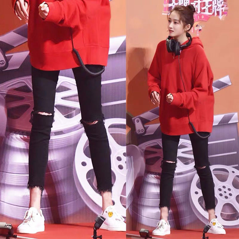 Small Black Knee Ripped Jeans Women's Small Foot Ankle-length Pants Korean High Waist Tight Slim Star Style