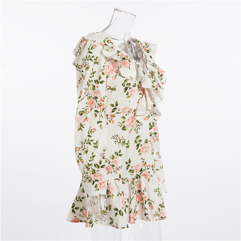   ruffled hem one-piece v-neck long-sleeved floral dress NSAG4688