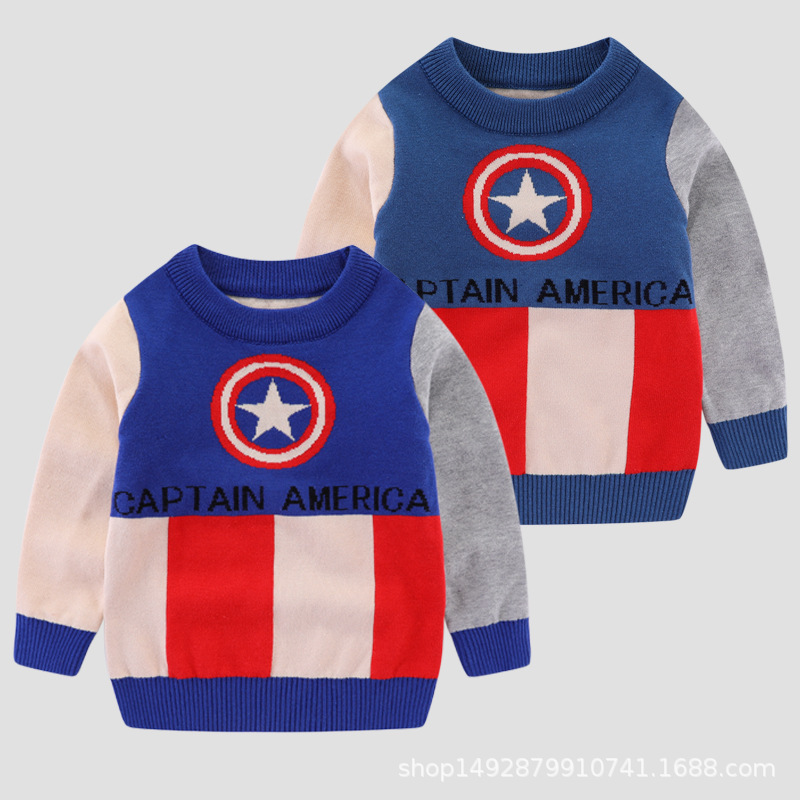 2020热销爆版童装美国队长撞色秋冬款男童毛衣宝宝儿童圆领针织衫|ms