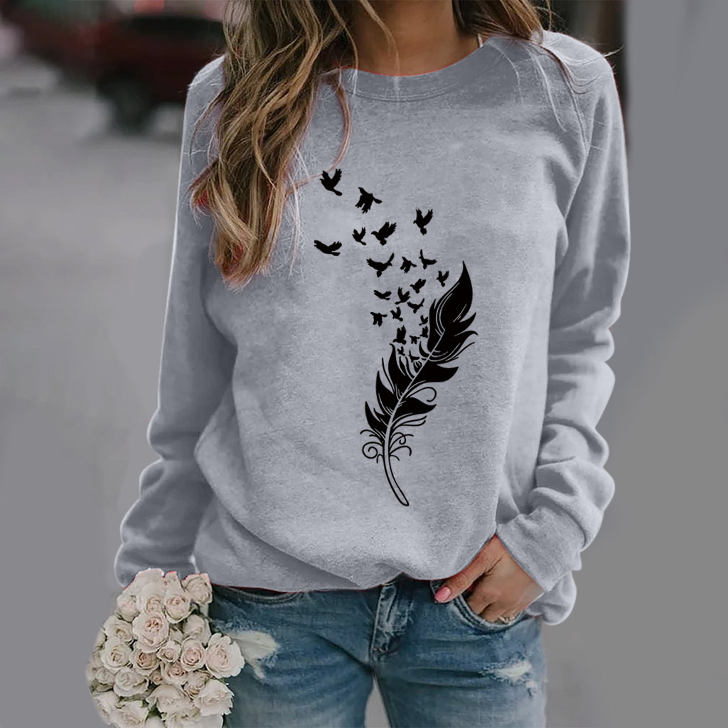 Regular Fit Fit Type Bird Pattern Women's Hoodie Long Sleeve Hoodies & Sweatshirts Printing Casual Feather Bird