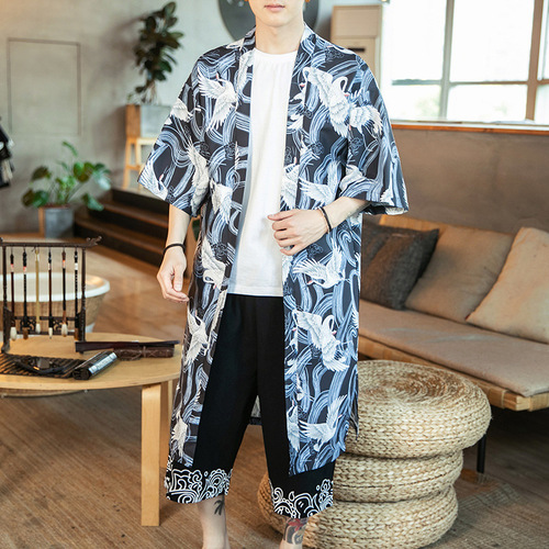 Men national long printed kimono cardigan with men coat
