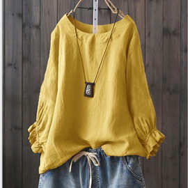 2019eabywish秋季新款宽松休闲棉麻荷叶袖T恤  现货