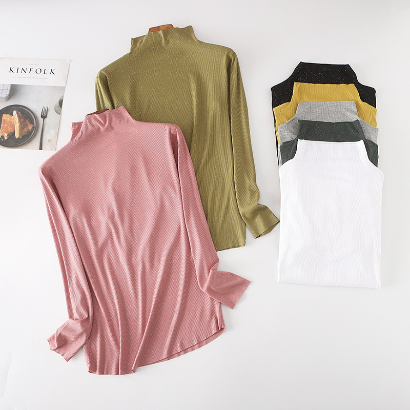 Glitter Silk T-Shirt Women's New Spring and Autumn Tight Long Sleeve High Neck Large Size Base Shirt Women's Western Style Bright Silk Mask Shirt