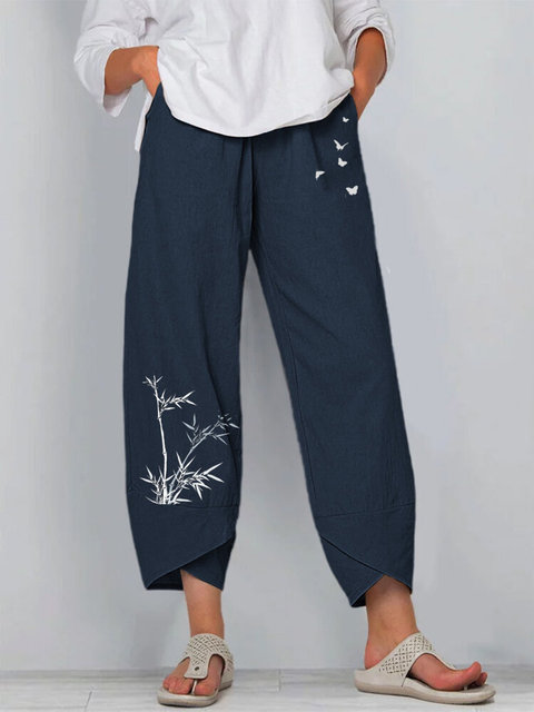 Women’s elastic waist pants with bamboo butterfly pattern