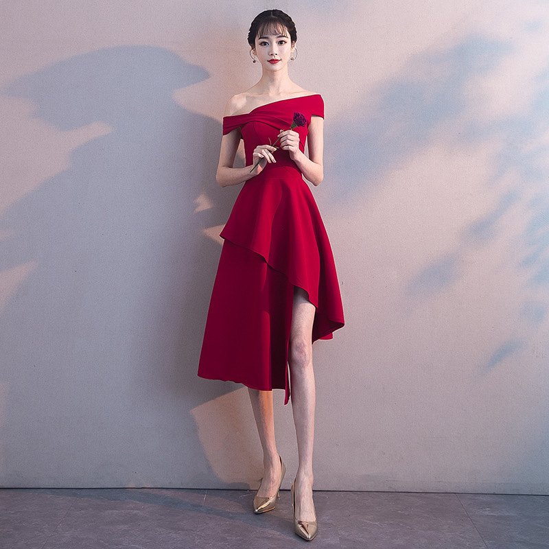 One-Shoulder Toast Dress 2026 New Modern Bride Wedding Red Banquet Evening Dress Slimming Dress for Women