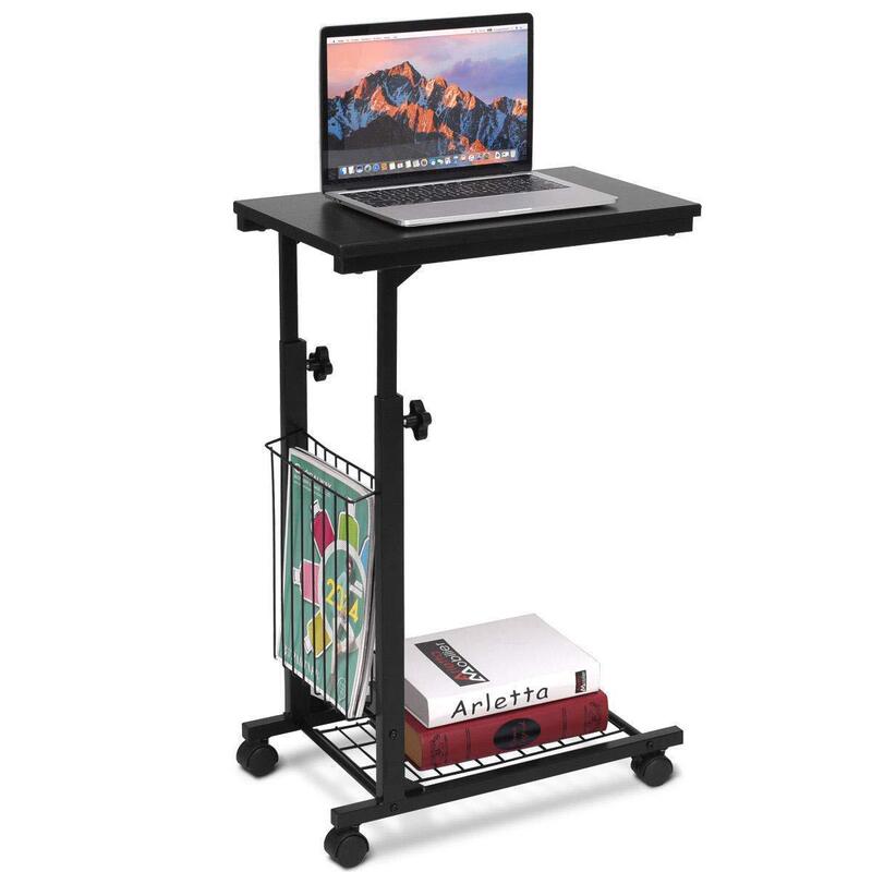 European-style Metal Shelf with Wheels, Liftable Computer Desk Suitable for Small Space, Bedroom Style Wrought Iron Bedside Table