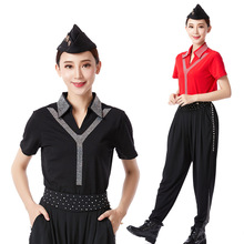 夏季新款水兵舞服装V领黑色短袖T恤女套装广场舞演蹈出服跳舞上衣