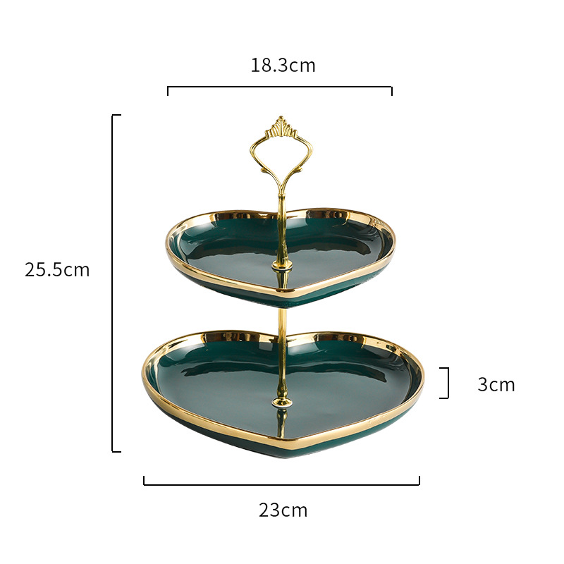Placa de cadena de cerámica verde oscuro nórdico creativo plato de fruta de amor de doble capa merienda mesa de postre bandeja de cerámica plato de fruta seca