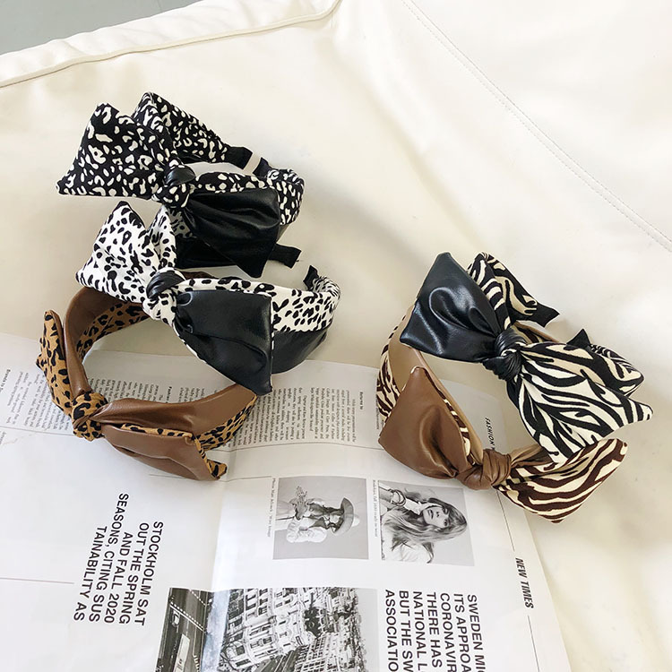 Leopard Bow Pu Leather Stitching Headband display picture 11