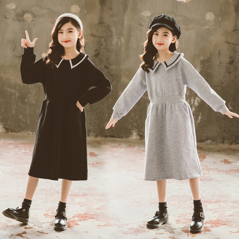2020 Western style girl Plush Solid Korean Edition Long sleeve Dress children Adidas Princess Dress Autumn Wei Yi skirt