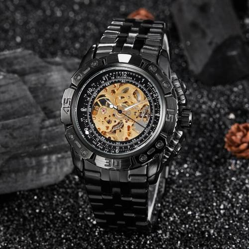 Gold color men's fully automatic mechanical watch fashion spiral hot sale bilateral press buckle alloy pointer wholesale