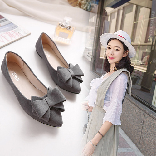2020 spring and autumn new style pointed toe shallow mouth women's single shoes flat heel flat bow Korean style suede scoop shoes large size