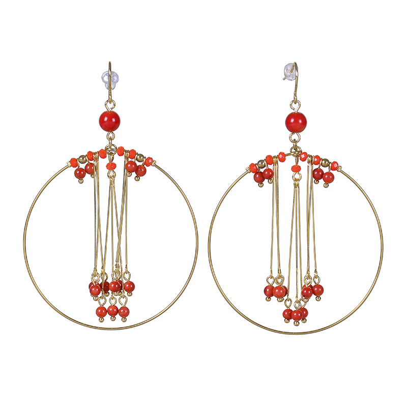 Vintage Style Round natural stone Pearl Handmade Tassel Drop Earrings 1 Pair