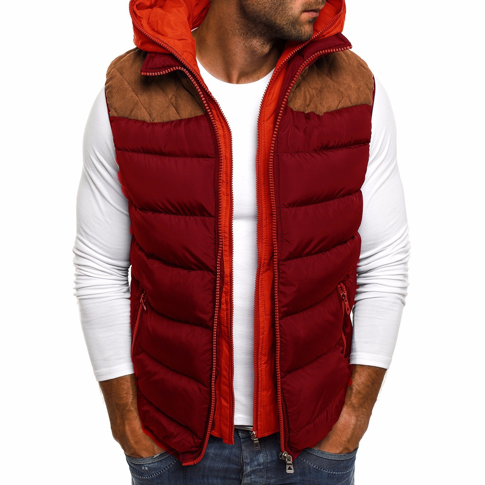Cross-Border 2020 Otoño e Invierno Comercio exterior Tamaño europeo Chaleco de hombre moda color a juego con capucha chaleco acolchado de algodón chaleco entrega de una pieza