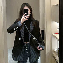 黑色小西装外套女2024新款韩版休闲设计感小众条纹西服春秋装