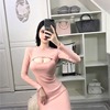 Hollowed out low chest slim wrap hip skirt knitted skirt long sleeve dress