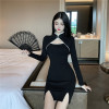 Standing collar and button hollowed out low chest double slit cheongsam skirt buttock skirt long sleeve dress