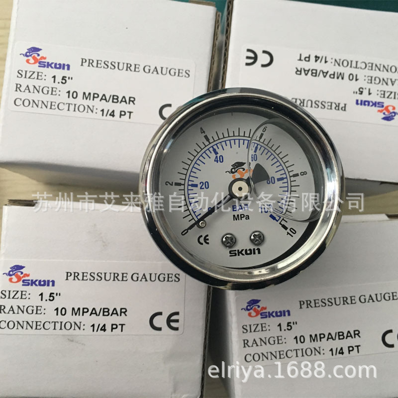 SKON压力表 原装 38mm轴向去边耐震压力表10Mpa,100BAR,0-100BAR
