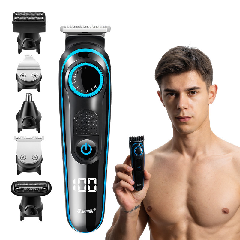 Cross-border new 5-in-1 multi-function electric clipper with LCD digital display, charging hair clipper, salon carving electric razor
