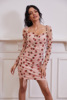 Fuchsia strawberry, mini-skirt, dress, European style, square neckline, long sleeve, french style, tight