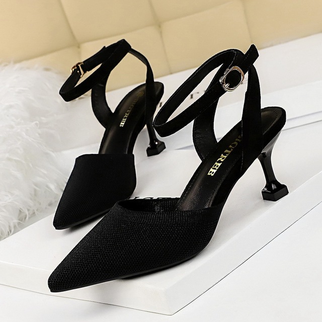 Korean fashion versatile women’s shoes with thin heel high-heeled wool color matching light mouth pointed hea
