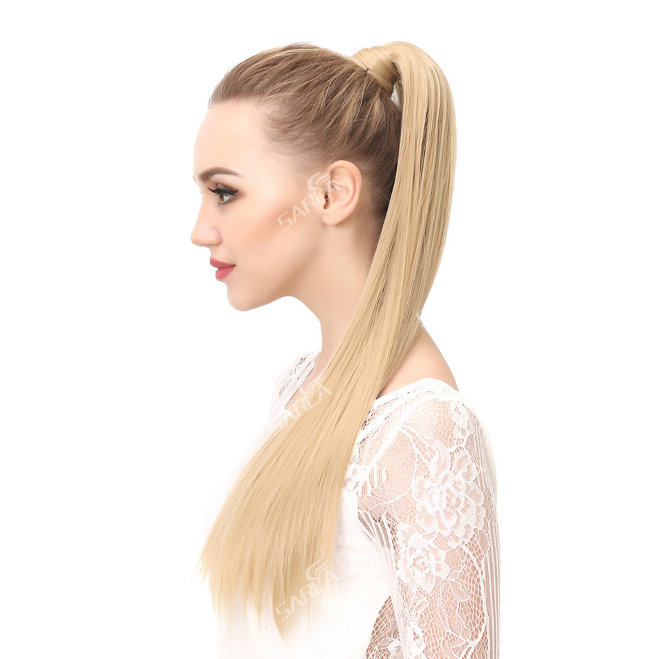 Pelo sintético Mujer con cola de caballo de pelo largo y liso, seda mate de alta temperatura, Velcro envuelto alrededor de la peluca y cola de caballo_voghion.com