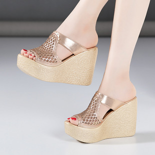 Super High Heel Wedge Slippers Women's 2020 Summer Fashionable Outer Wear Sponge Thick Bottom Platform Large Size Fish Mouth Women's Slippers