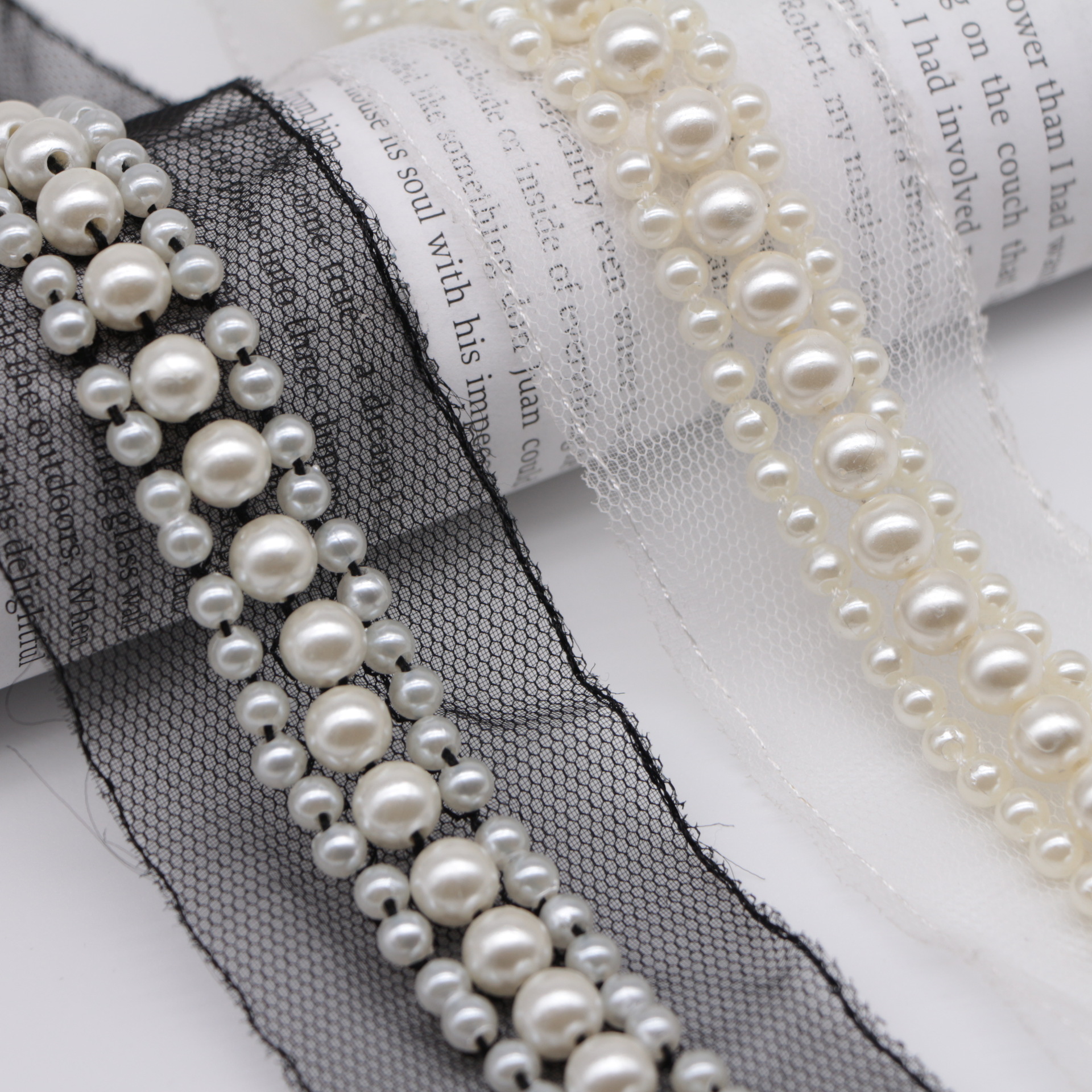 高档手工钉珠花边 仿珍珠织带条码婚纱领子服装辅料发饰DIY材料