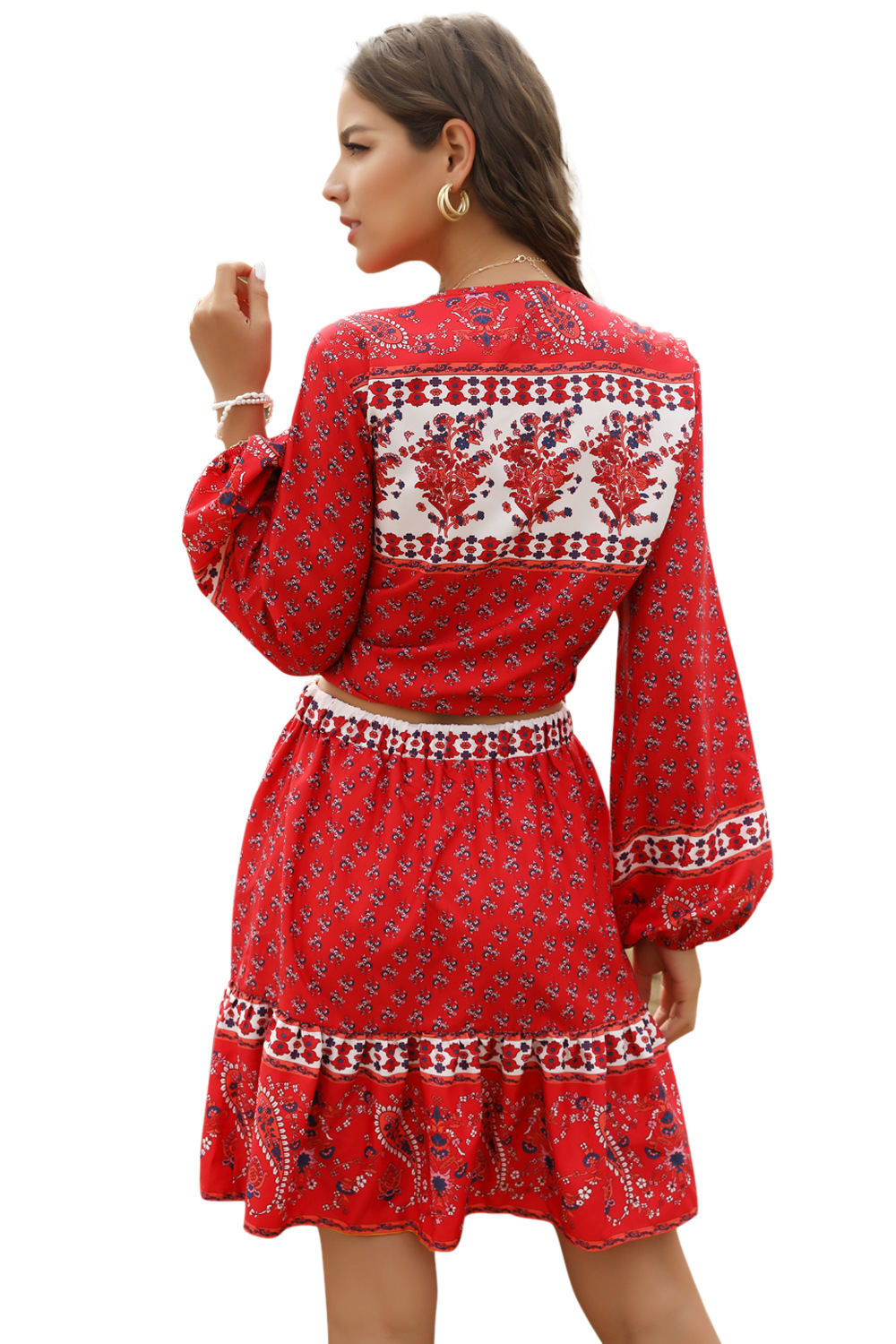 Summer Bohemian Print Lantern Loose Long Sleeve Women s Skirt Top Two Sets NSDF1512