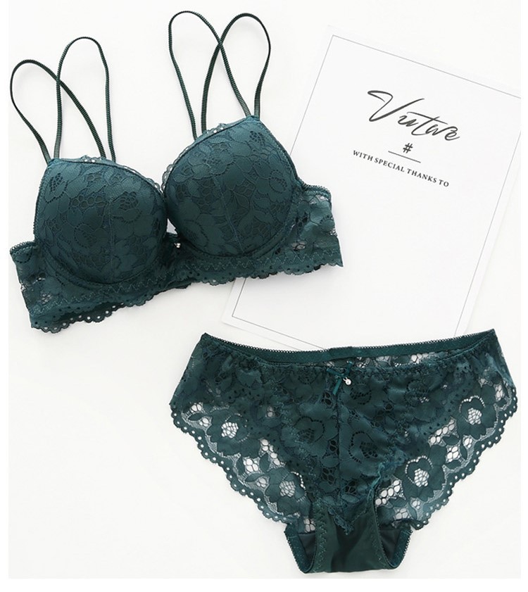 Ventas directas de la fábrica las mujeres europeas y americanas sexy encaje sujetador traje ropa interior belleza volver profundo V pequeño pecho push up cómodo transpirable