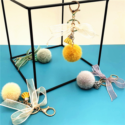 Cute bow keychain lace fur ball bag plush pendant cartoon car key chain small gift accessories